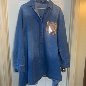 Hi lo hem denim shirt with gold sequins.